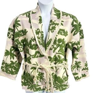Maje Cream and Olive Green Palm-Print Belted Jacket